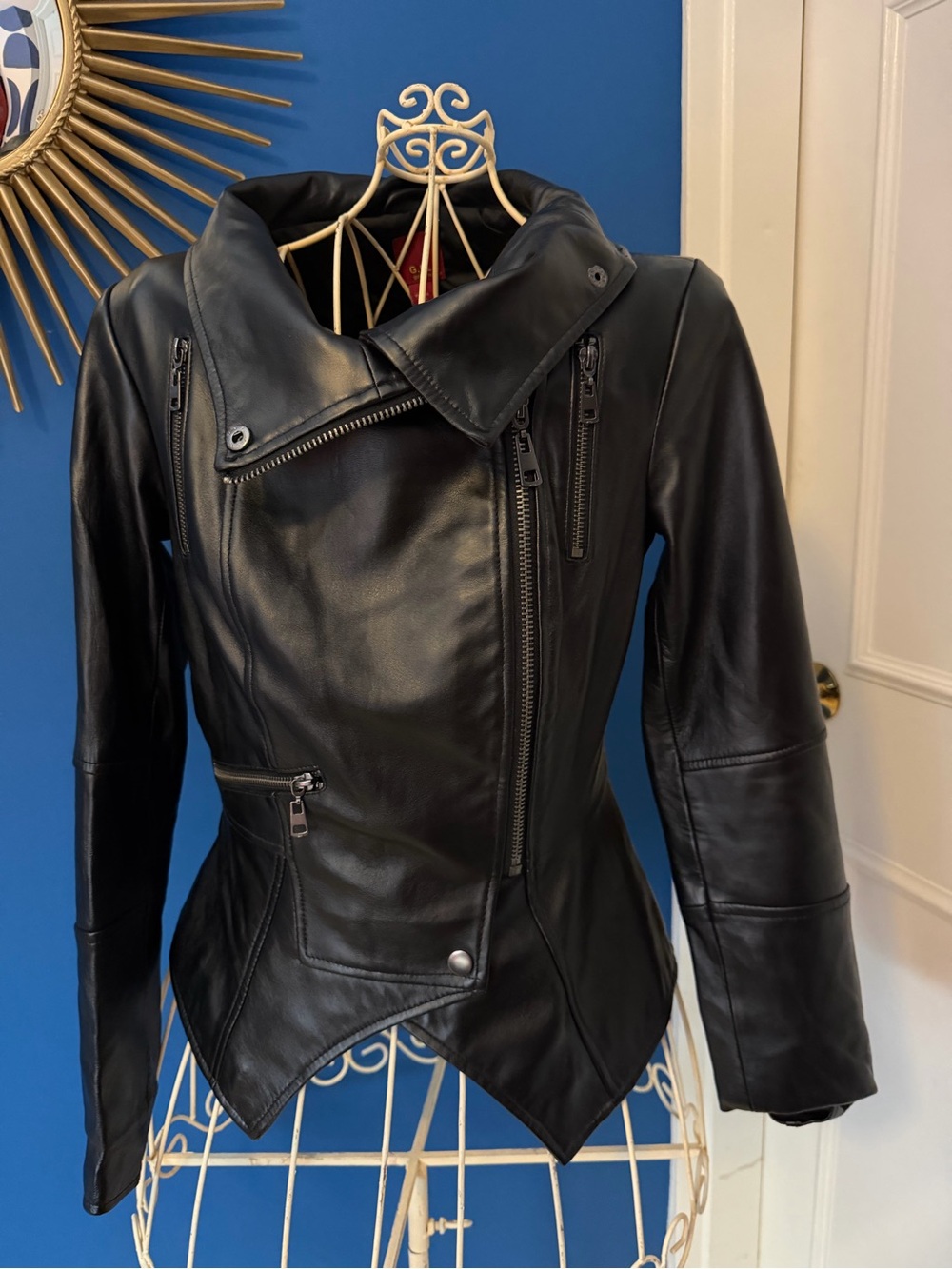 G.I.L.I. Black Asymmetrical Peplum Leather Moto Jacket